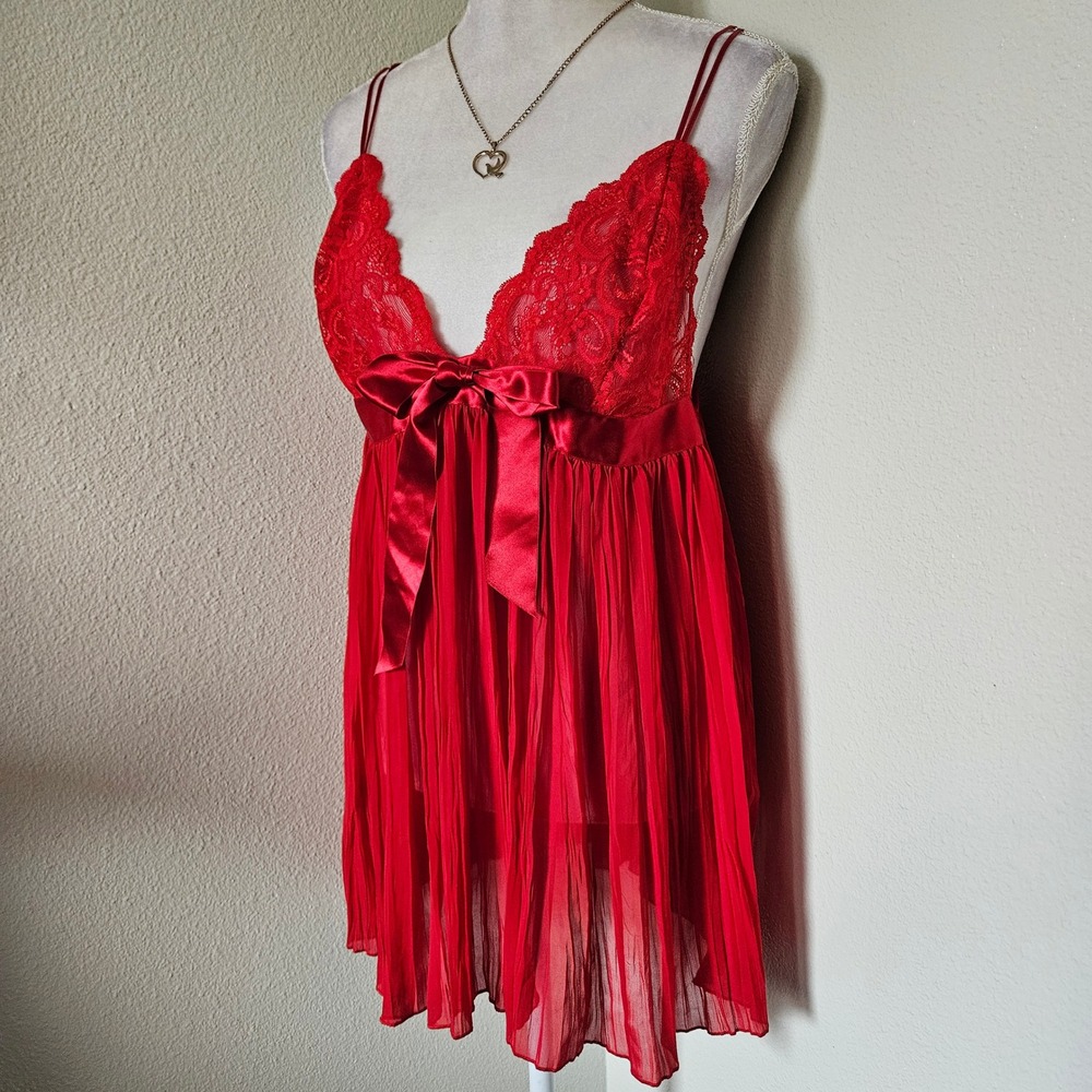 Victoria's Secret Red Lace Pleated Babydoll Lingerie Chemise Bow